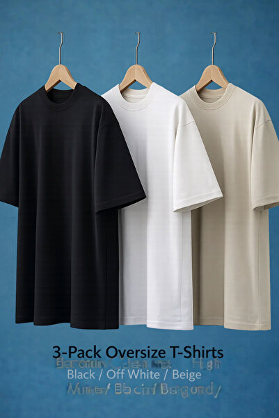 COMBİNE MİCHAİL Men's Basic Short Sleeve Oversized 3-Piece T-Shirt