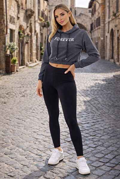 DeChival Printed Hooded Cropped Sweatshirt Women's 2 Thread P Cotton Blend El...