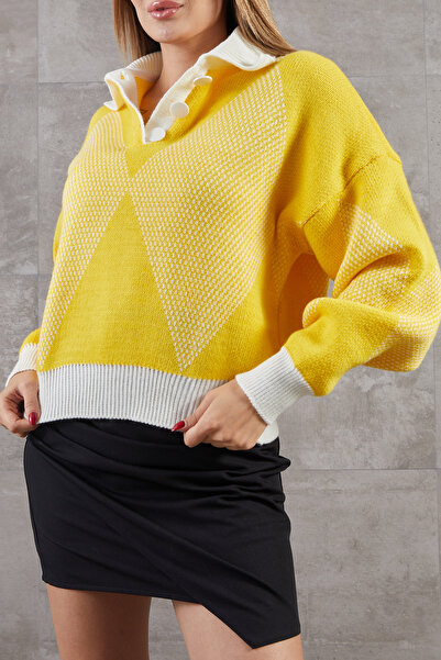 zenne Diamond Patterned Polo Collar Knitwear Sweater Yellow