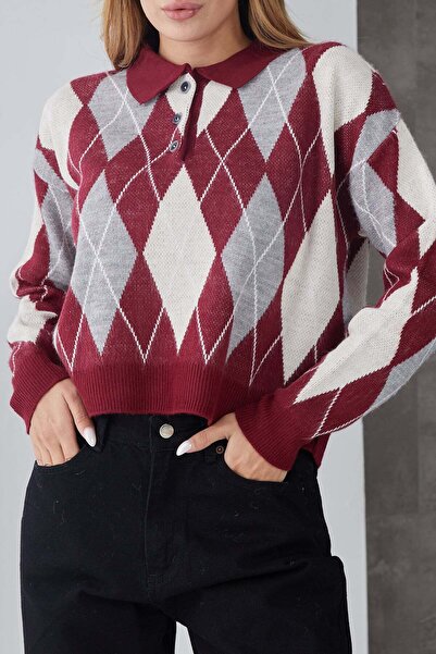 zenne Diamond Patterned Polo Neck Knit Sweater Claret Red