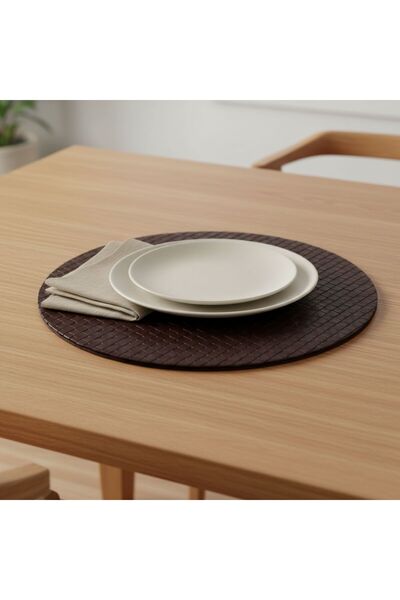 Grand Fine Art 2 Pieces Leather Placemat-Knitted Patterned Brown Round Placemat