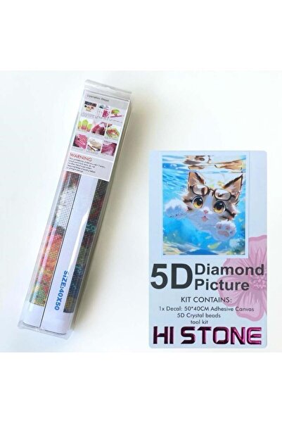NT Boncuklu Taşlı Pano Mozaik Elmas Goblen Diamond Tablo 50 X 40 Cm Yüzen Kedi