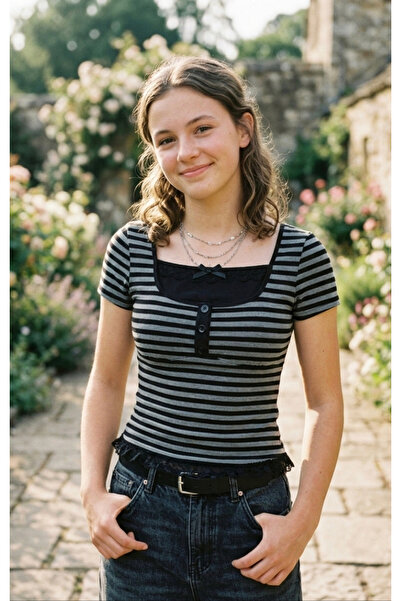 Köstebek Lace Detailed Buttoned Striped Vintage Blouse