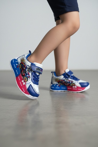 pediashoes Boys' Moto Printed Light-Up Strap Lightweight and E Stretchy Daily...