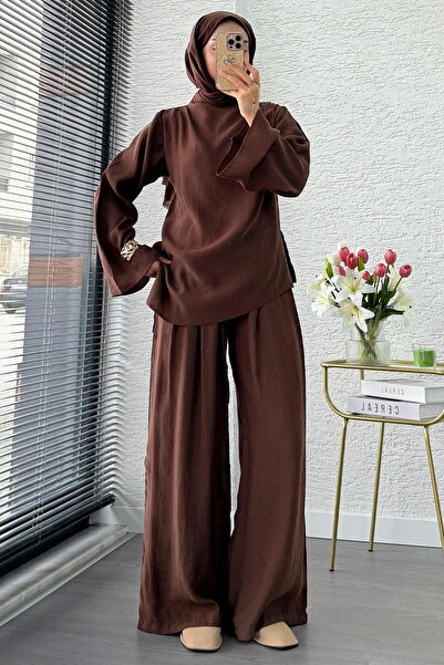 MELEK ARAZ طقم مكون من قطعتين بتصميم غير متماثل وكتف واحد - بني