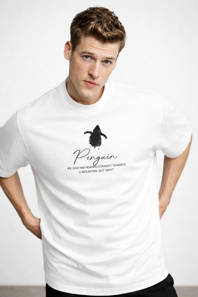 COMBİNE MİCHAİL Men's Penguin Printed Short Sleeve White Oversized t Shirt