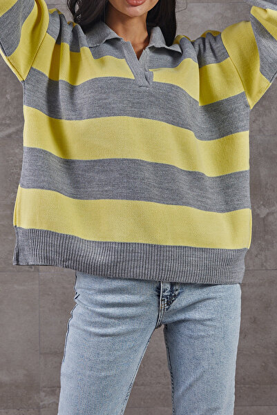 zenne Polo Collar Striped Knitwear Sweater Yellow