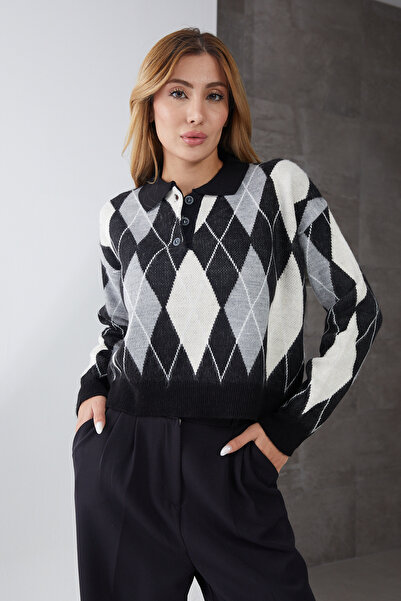 zenne Diamond Patterned Polo Collar Knitwear Sweater Black