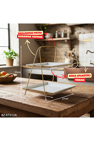 moontime alaçatı İki Katlı Şık Mika Sunumluk Kurabiyelik 35x25x20cm, Zarif ve...