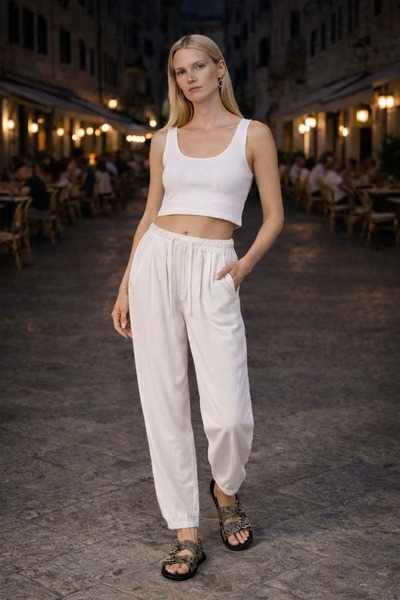 ibeeka Women's Relax Fit Elastic Waist Ecru Trousers 100% Cotton - White - L