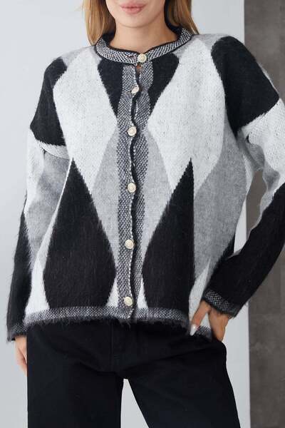 zenne Diamond Patterned Gold Button Knitwear Cardigan Black