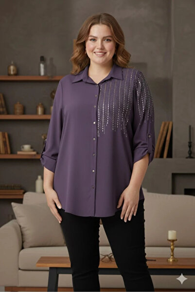 elma abone Plus Size Women's Cesi̇ka Stone-Embellished Shirt