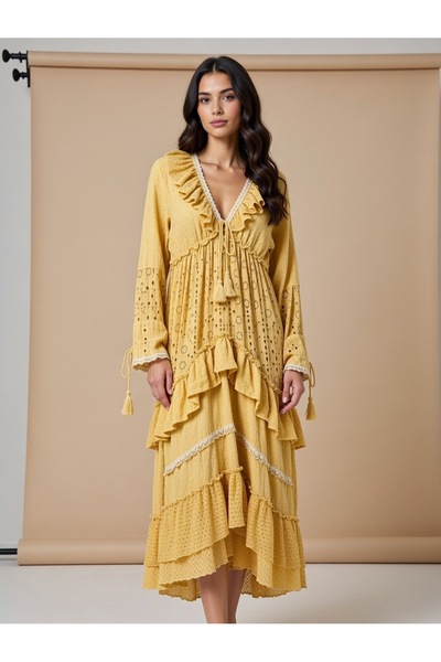 Rabiossa Women's Embroidered Ruffled Romantic Bohemian Dress