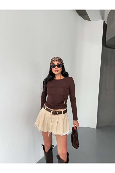 Elaxi Women's Crew Neck Long Sleeve Accessory Detail Scuba Fabric Blouse