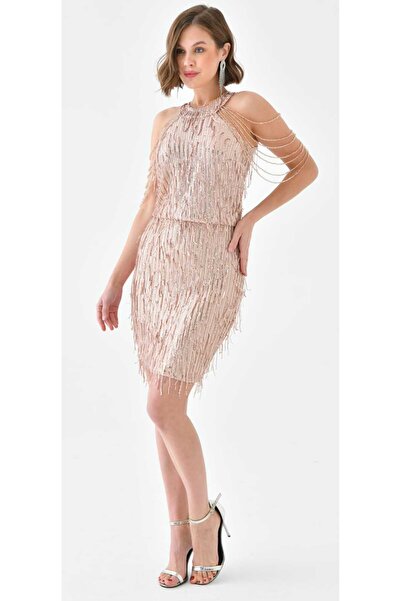 Hanife Glam Couture Hanife Glam mini saçaklı payetli taş detaylı elbise