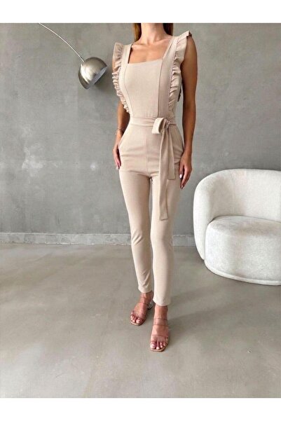 Modafeminen Ruffled Sleeves Belted Jumpsuit 582019 Beige