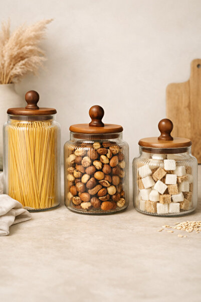 welcomein Akasya Kapaklı 3’lü Cam Kavanoz Seti – Ribbed Desenli, 12x8 / 15x8 ...