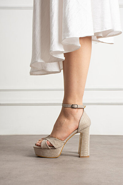 HVZ Exclusive Pantofi cu toc cu platformă aurii cu sclipici cu legare la glez...