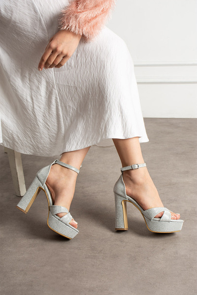 HVZ Exclusive Silver Glittery Platform Heels Ankle-Tie Shoes Engagement, Wedd...