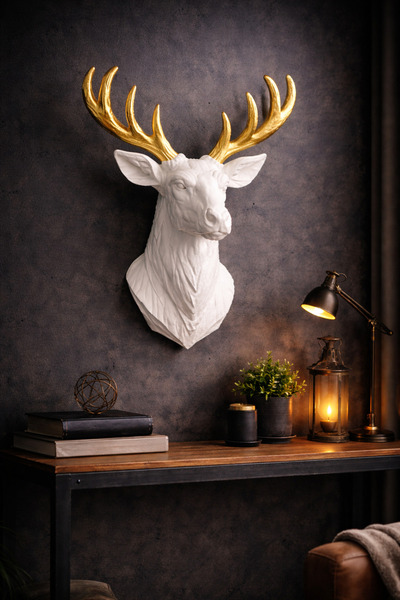 Root Made Beyaz Geyik Başı Duvar Dekoru, Altın Renk Boynuz İskandinav Hayvan ...
