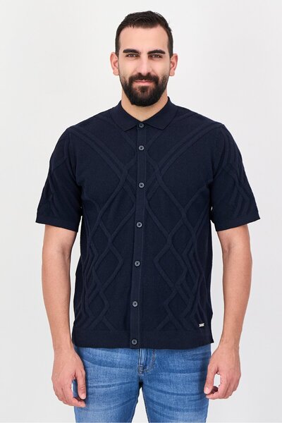 Threadbare Men Regular Fit Short Sleeve Knitted Shirt, Navy