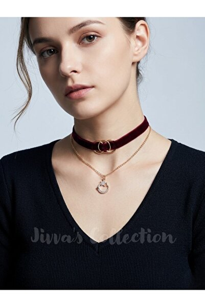 Jivva's Collection Burgundy Velvet Gold Yellow Choker Necklace with Chain and...