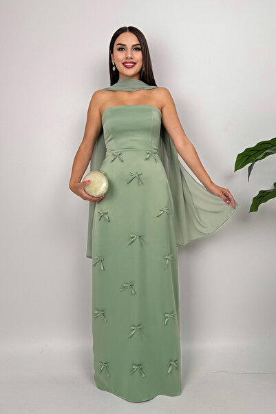 zenne Bow Detail Strapless Satin Dress Green