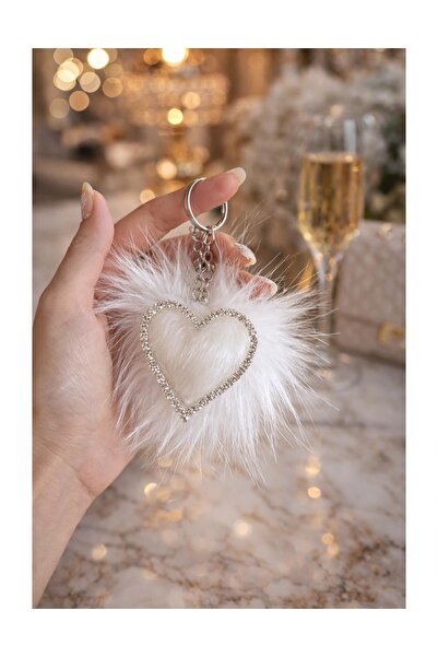Arabasına Aşıklar Kulubü Taşlı kalp beyaz tüy anahtarlık