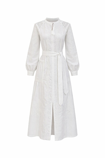 HAZELANNA Etnik Nakışlı Beyaz Midi Elbise
