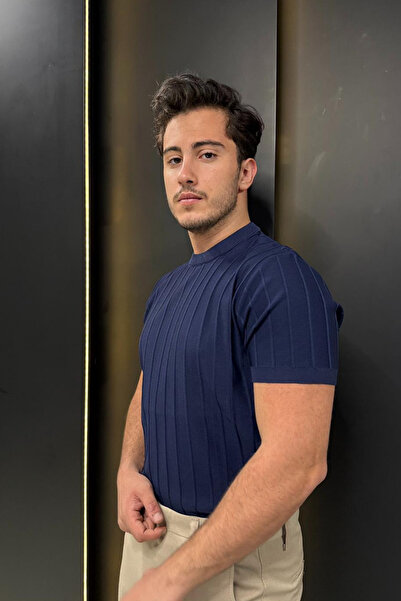 sunfyre Men's Crew Neck Short Sleeve Vertical Stripe Patterned Knitwear T-Shi...