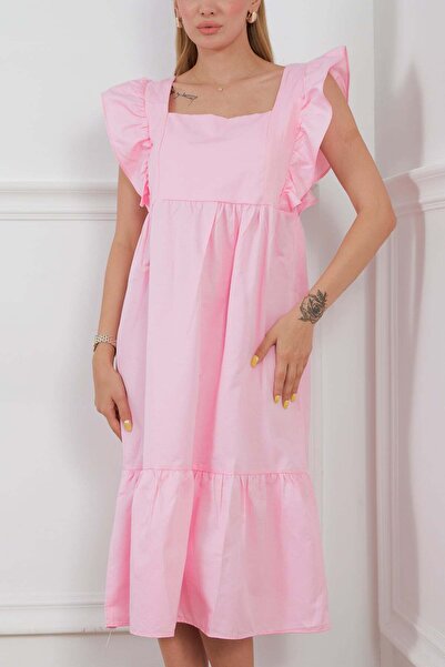 zenne Square neck ruffle sleeve midi dress - pink