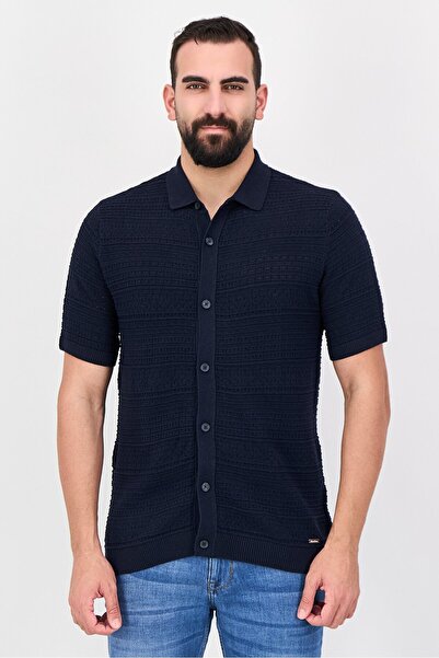 Threadbare Men Regular Fit Short Sleeves Solid Knitted Shirt, Navy