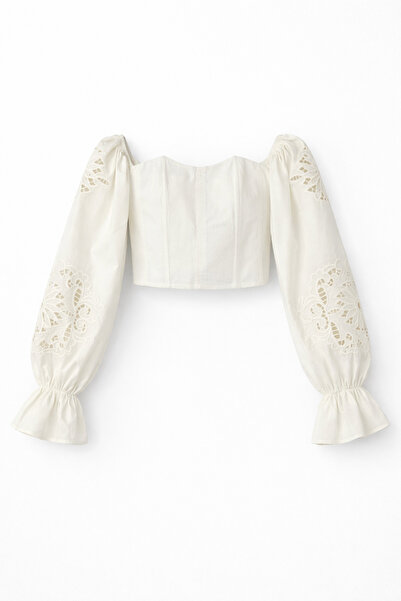 HAZELANNA Κεντητή Μπλούζα Κροπ με Κορσέ και Μανίκια