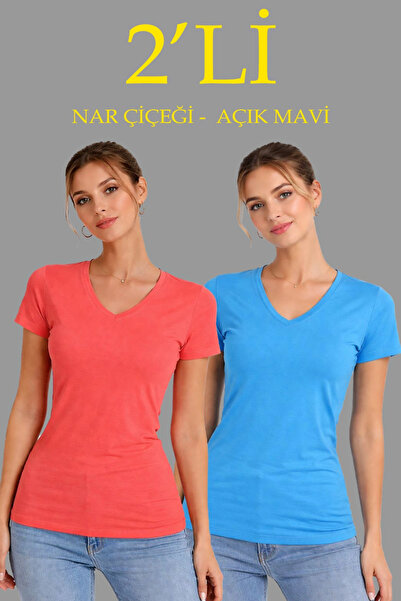 LUMİART Women's 2-Pack V-Neck T-Shirts – Short Sleeve Summer Slim Fit Bodysui...