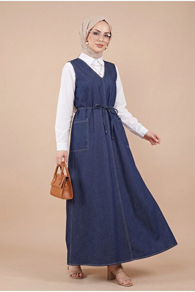 Modamorfo Side-By-Side Double Pocketed V-Neck Drawstring Waist Denim Gilet -K...