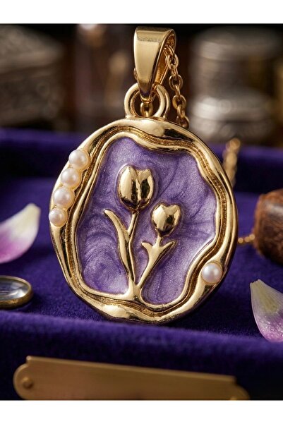 Meneva Aksesuar Vintage Esintisi Mor Mineli ve İnci Detaylı Lale Figürlü Çeli...