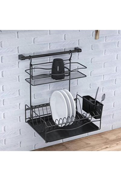 moontime alaçatı Siyah Mat Home Borulu Askılı Bardak ve Tabaklık Organizer KB013