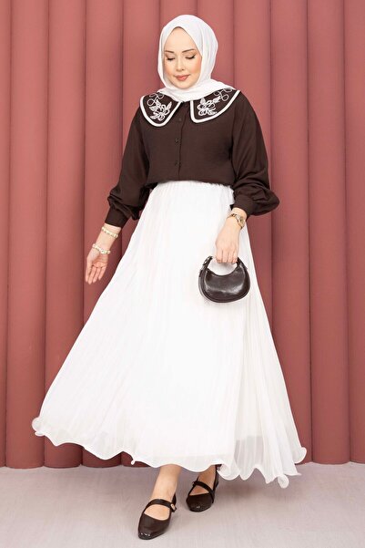 EBRUTESETTÜR Collar Embroidered Skirt Top Shirt Coffee