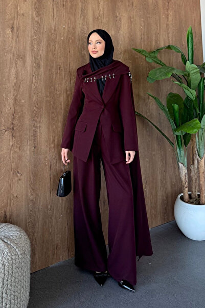 Hazamoda Şule Beaded Pant Suit Set Plum