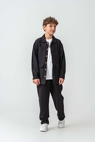 Magu Boy's Cotton Piece Black Jacket T-Shirt and Sweatpants Set