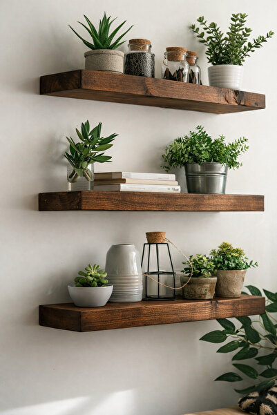 AHŞAP ÖTESİ 3’lü Doğal Ahşap Duvar Rafı Seti – 50/70 cm, Gizli Askı Sistemli,...