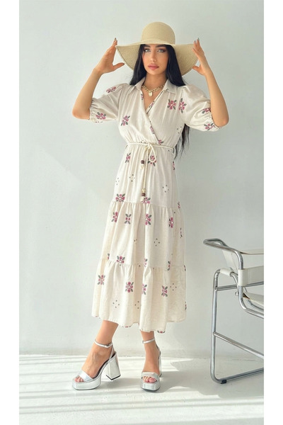 MQ A Midi Length Linen dress in blue, embroidered, from Cherful Boutique for ...