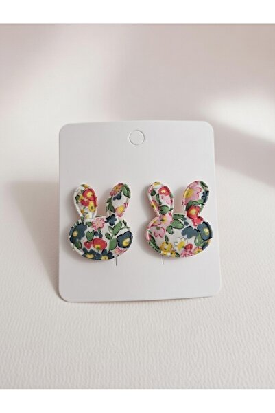 LİNACO Set of 2 with Floral Print Rabbit Figures Side Clips - Pink Floral Pat...