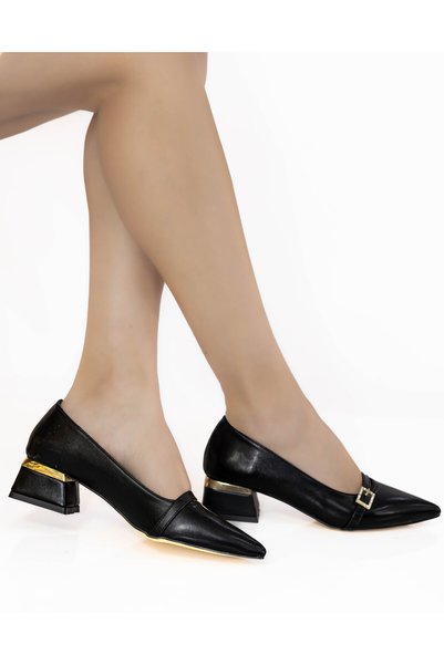 RMY SHOES Women's Black Buckled Pointed Toe Short Heeled Classic Shoes