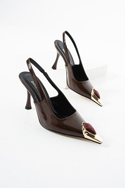 diclepolat Piele lacuită maro pentru femei pantofi cu toc Gold Metal Toe Red ...