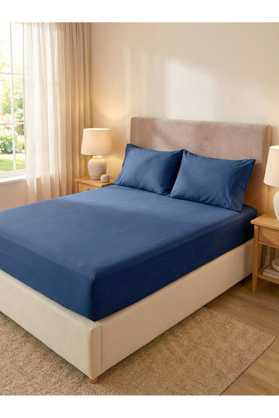 CollessiaHome 100% Cotton Poplin Fitted Double Fitted Sheet Set - Dark Blue