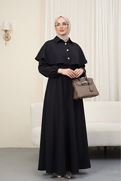 Modamorfo Crepe Dress with Collar and Cape Detail - Belt Elastic Sleeves - Black
