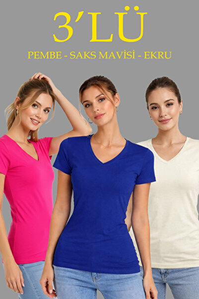 LUMİART Women's 3-Pack V-Neck T-Shirts – Short Sleeve Summer Slim Fit Body - ...