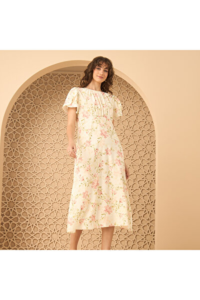 Generic Floral Print Dress with Flutter Sleeves