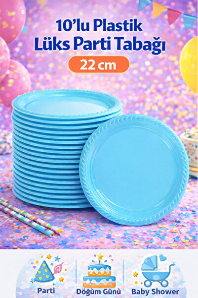 Enjoy Party Store 10'lu Mavi Plastik Lüks Parti Tabağı 22 cm | Dayanıklı Kull...